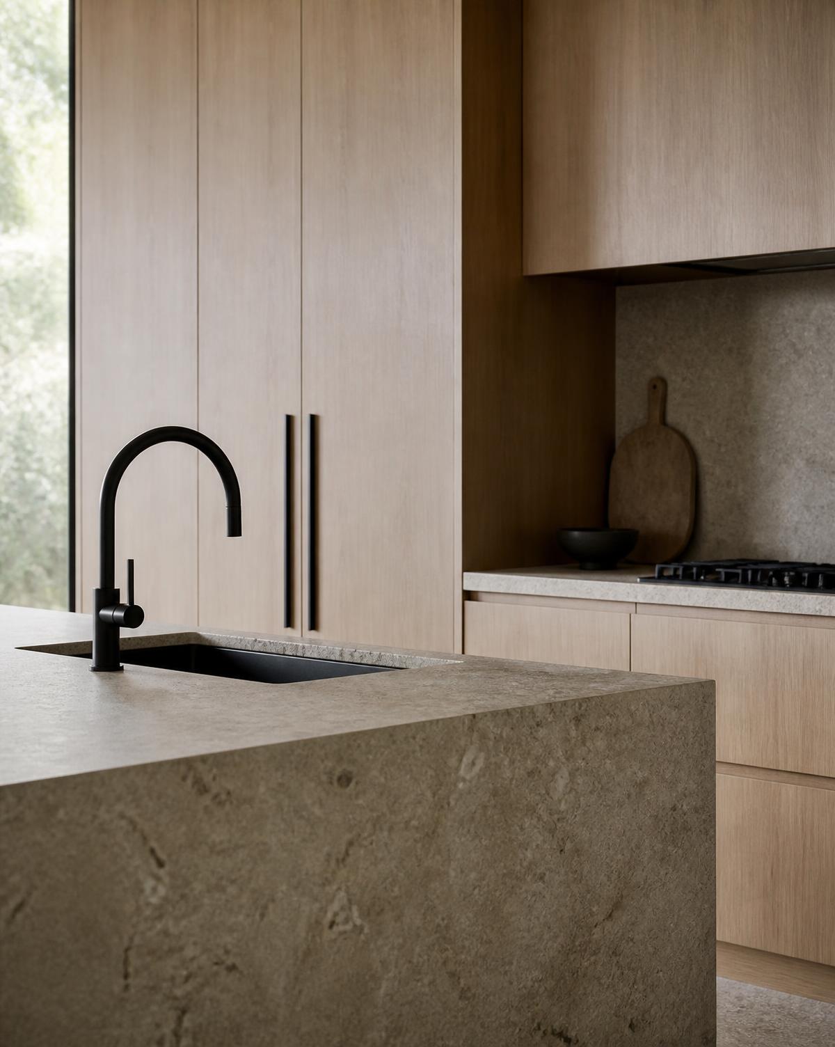 Minimalistische keuken met natuursteen werkblad en eiken fronten